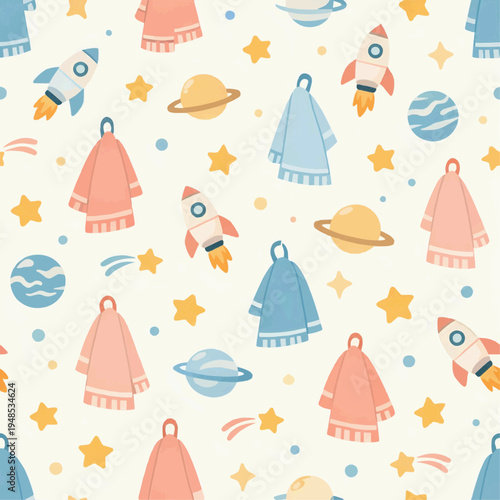 Whimsical Space-Themed Towel Pattern with Rockets and Planets