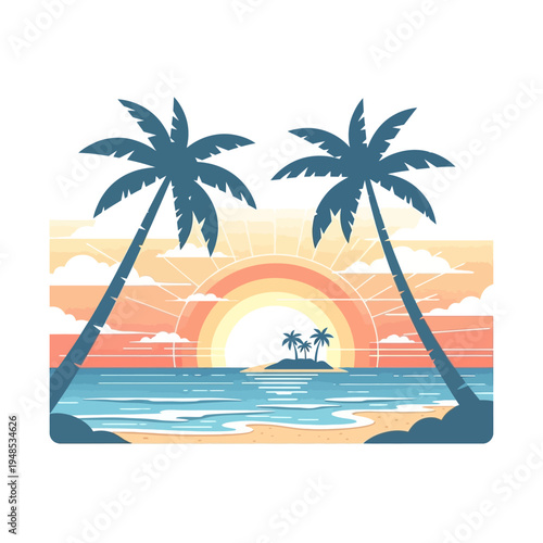 Tropical Sunset Beach Scene with Palm Trees and Island