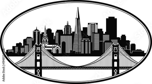 San Francisco skyline with Golden Gate Bridge style suspension bridge, detailed monochrome cityscape illustration featuring modern skyscrapers inside oval frame isolated on light background