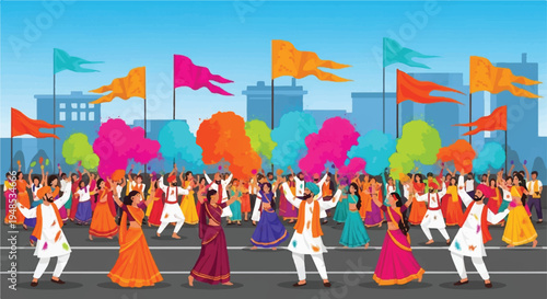 People dance outdoors in city with flags and trees