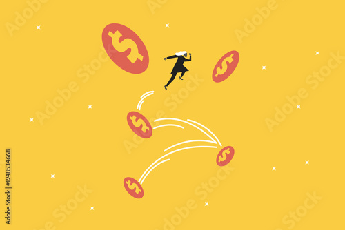 Business woman jumping across floating dollar coins in an arc, representing financial agility, wealth accumulation, investment success, and economic growth
