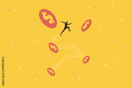 Businessman jumping across floating dollar coins in an arc, representing financial agility, wealth accumulation, investment success, and economic growth