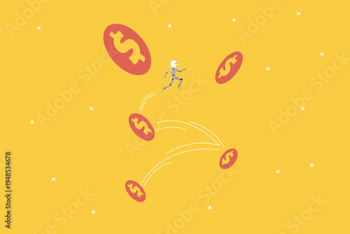 Robot jumping across floating dollar coins in an arc, representing automated financial growth, AI investment efficiency, and fintech success