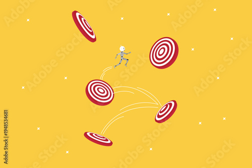 Robot jumping across floating targets in an arc, representing agility, efficiency, multi tasking, and successful business goal achievement
