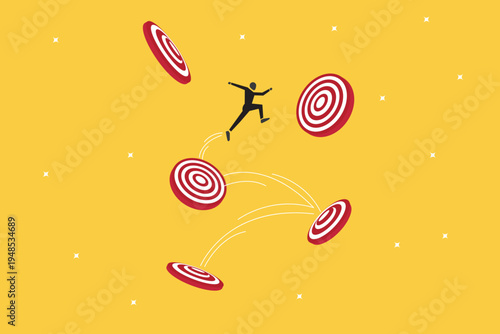 Businessman jumping across floating targets in an arc, representing agility, precision, strategic planning, and successful business goal achievement
