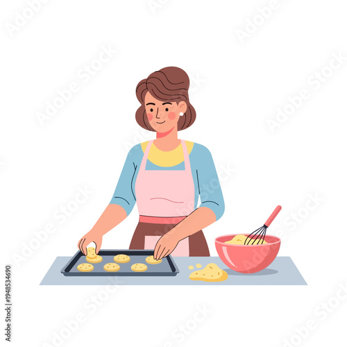 Woman baking cookies, placing dough on baking sheet, homemade sweets, kitchen preparation