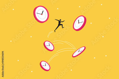 Businessman jumping across floating alarm clocks in an arc, symbolizing effective time management, business speed, efficiency, and meeting difficult deadlines