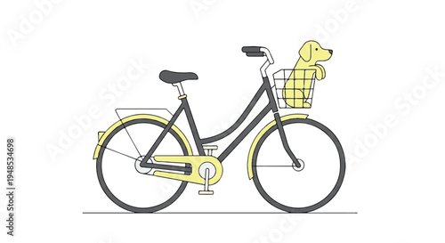 A bicycle with a dog in the basket is parked outdoors.