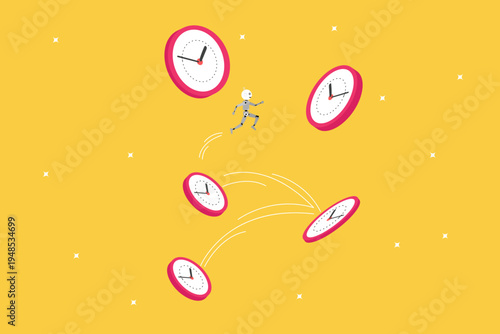 Robot jumping across floating alarm clocks in an arc, representing automated time management, artificial intelligence efficiency, speed, and productivity