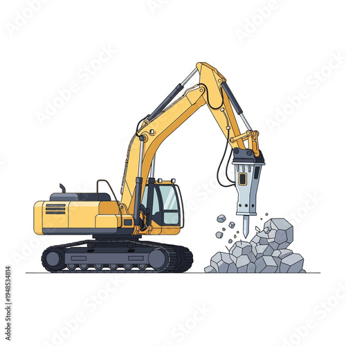 Yellow excavator with hydraulic breaker demolishing concrete and rocks on white background