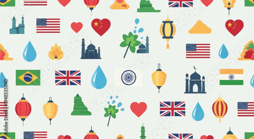 A vibrant illustration of various international landmarks and symbols from around the world on display.