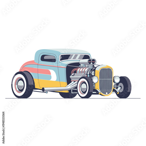 Retro Hot Rod Car Illustration: Vintage Coupe with V8 Engine and Custom Paint