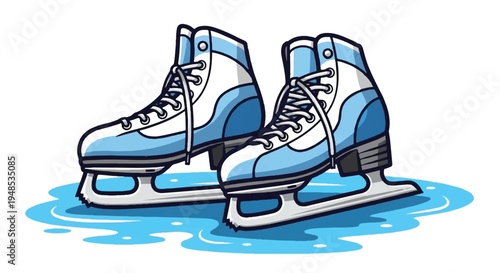A pair of ice skates melts on a puddle of water outside.