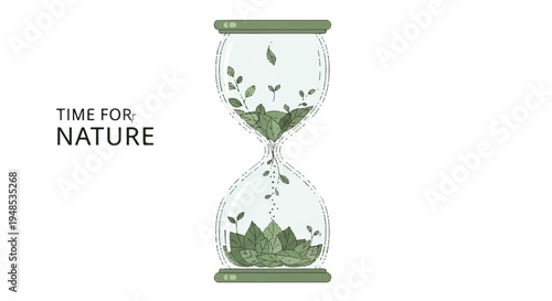 An hourglass filled with green leaves and seeds represents nature's passage of time.