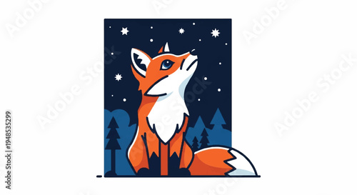 A curious red fox looks up at the starry night sky in a forest.