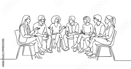 Business meeting or teamwork. One line outline illustration depicting a group of professionals sitting and discussing a project. Vector graphics in minimalist style.