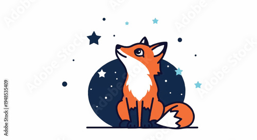 A cartoon fox sits under a starry night sky with celestial bodies.