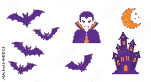 A spooky vampire stands beside a haunted house under a crescent moon with bats flying around.