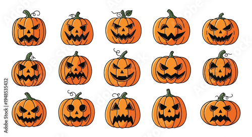 A festive Halloween scene featuring multiple carved pumpkins on display