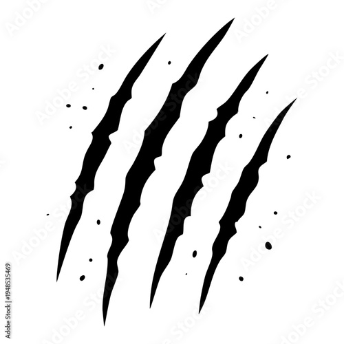 Claw marks. Five diagonal black tears on a white background, imitating deep scratches from a beast's paw. Vector illustration in a minimalist, aggressive style.