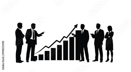 Business professionals analyzing growth chart and discussing data in meeting, corporate team collaboration and strategy concept