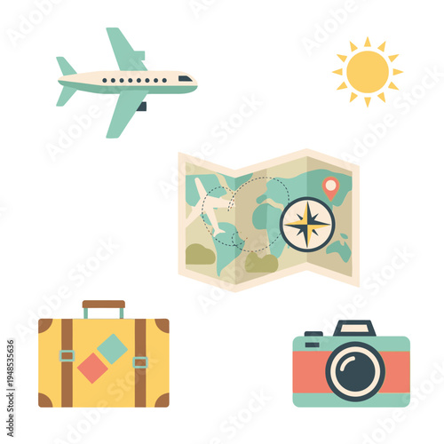 Travel Icons: Airplane, Suitcase, Map, Camera, Sun - Vacation & Adventure