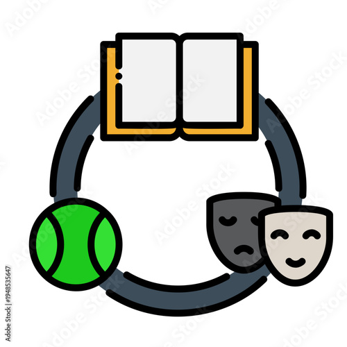 Hobbies and Activities Circle Icon: Book, Sports, and Theater