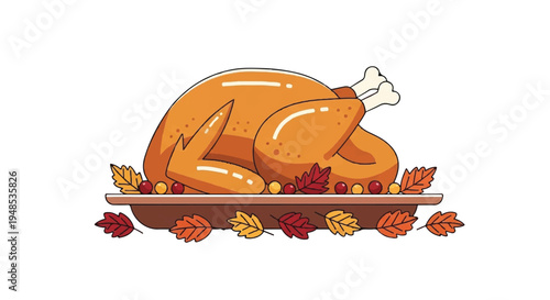 A roasted turkey with autumn leaves on a platter indoors