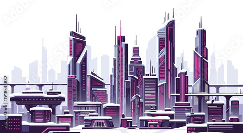 Futuristic cityscape with sleek skyscrapers and advanced technology in a snowy urban landscape at dusk