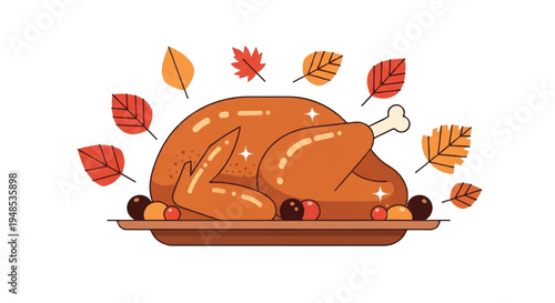 A roasted turkey surrounded by colorful autumn leaves on a platter.