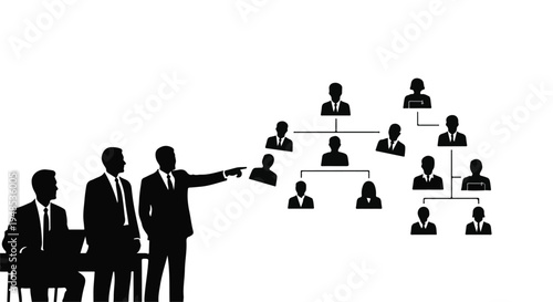 Business team leader presenting organizational chart to colleagues in modern corporate setting with silhouettes