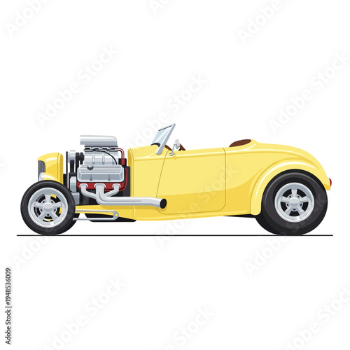 Yellow Hot Rod Roadster with Exposed Engine and Chrome Details, Side View