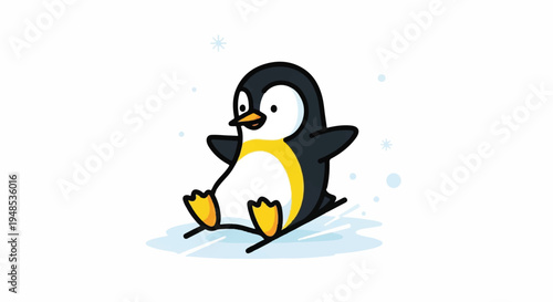 A cartoon penguin plays surfing on icy waves in the cold water.