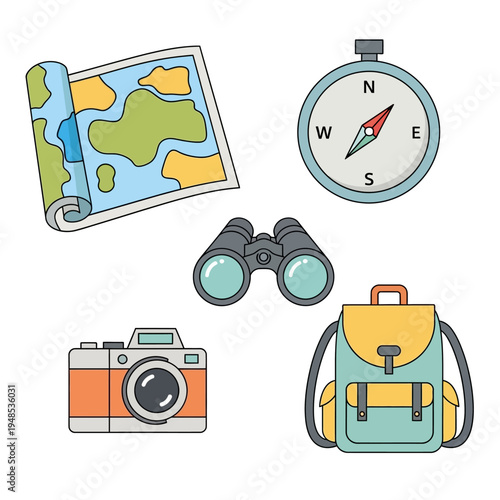 Adventure Travel Gear: Map, Compass, Binoculars, Camera, Backpack
