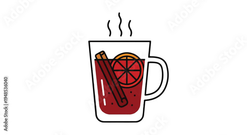 A steaming mug of hot mulled wine with cinnamon and orange slice
