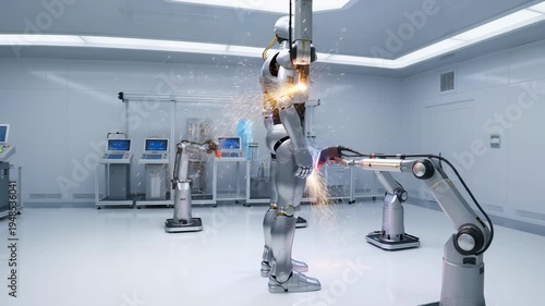 Futuristic humanoid cyborg being assembled by robotic industrial arms in a high-tech clean laboratory, sparks flying from precision laser welding and advanced engineering process.