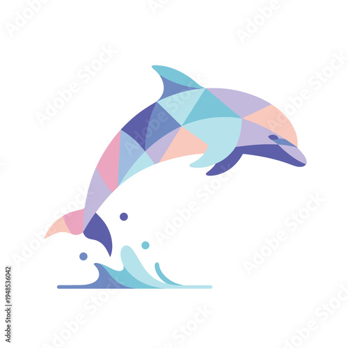 Colorful geometric dolphin jumping from water, low poly art, vector illustration