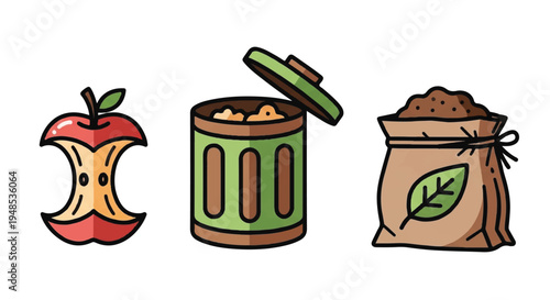 Compost bin with food waste including a rotten apple and soil.