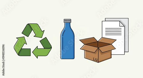A recycling symbol, a blue bottle, an open cardboard box, and papers are arranged on a table indoors.
