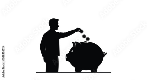 Man putting coins into piggy bank silhouette, saving money concept, financial planning, investment, business, economy, isolated on white background