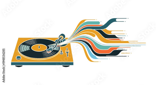 A vinyl record player emits colorful sound waves while playing music.