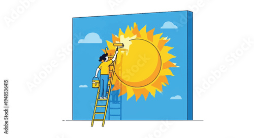 A man paints a large sun on a canvas on a ladder outdoors.