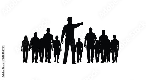 Diverse group of people following leader silhouette, crowd of men, women, and children walking together in unity and teamwork, leadership concept, business and social metaphor