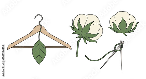 A wooden hanger with a leaf hangs beside two cotton flowers and sewing needles on a plain background.