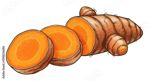 Fresh turmeric root with vibrant slices, a healthy cooking spice ingredient.