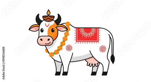 A decorated cow stands proudly with a festive lamp on its head