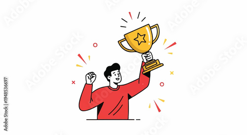 Man holding trophy and celebrating victory with raised arm in illustration