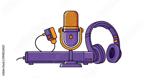 A colorful illustration of a microphone, headphones, and a pop filter on a stand.