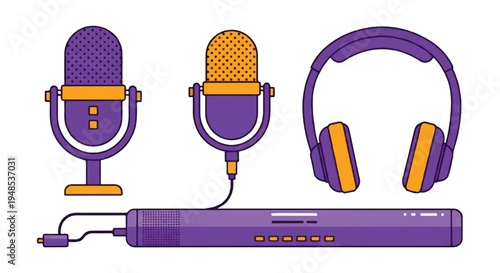 A colorful illustration of microphones and headphones with a sound card on a white background.