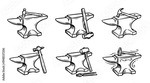 anvil and hammer, Hand-drawn outline doodle sketches vector set collection , white background , PNG and SVG isolate
